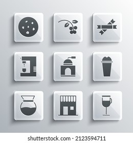 Set Coffee shop, Irish coffee, Milkshake, Manual grinder, Pour over maker, machine, Cookie or biscuit and Sugar stick packets icon. Vector