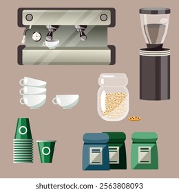 Set of coffee shop items: coffee machine, coffee grinder, coffee packs, cups, glasses, cookies