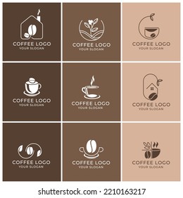 Set of Coffee Shop Logo Design Templates. cup of coffee, vector illustration on brown background.