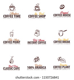 Set of Coffee shop logos or emblems with doodle element. Perfect for your business design
