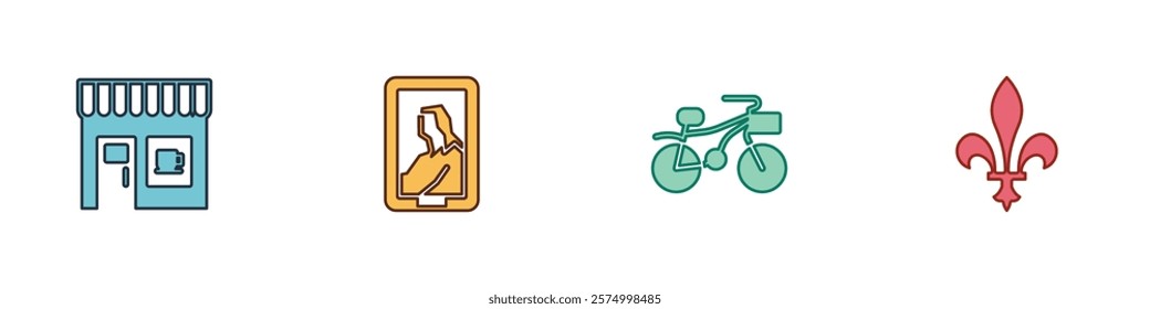 Set Coffee shop, Portrait in museum, Bicycle and Fleur De Lys icon. Vector