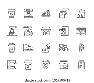 Set of coffee shop Related Vector Line Icons. Includes such Icons as coffee, tasting, buy, shop, coffee shop, coffee machine, croissant, hot, glass, Cup, cheerfulness, morning, food