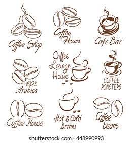 set of coffee shop signs with beans and cups line art style. vector illustration