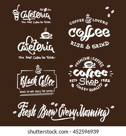 Set of coffee shop sketches and text symbols. lettering for labels.