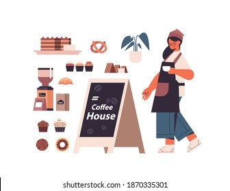 set coffee shop tools and accessories with female barista in uniform sweets and coffee collection full length isolated horizontal vector illustration