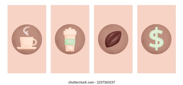 Set of coffee shop's or cafes' stories highlights for social network icons, cute watercolor vector symbols of coffee cups, seed, payment options or menu cost.