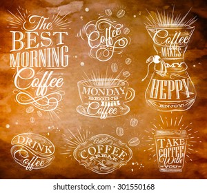 Set of coffee signs with lettering  drawing in vintage style on kraft paper