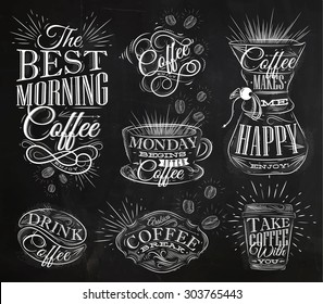 Set of coffee signs with lettering drawing chalk in vintage style on chalkboard