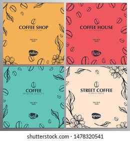 Set of Coffee Sketch banners with coffee beans and leaves for poster or another template design