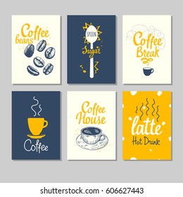 Set of coffee sketch. Hot drinks menu. Vector Illustration with cup, maker and brush calligraphy elements for your design. Handwritten ink lettering.
