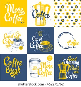 Set of coffee sketch with seamless background. Hot drinks menu. Vector Illustration with cup, maker and pattern.  Brush calligraphy elements for your design. Handwritten ink lettering.