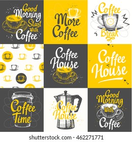 Set of coffee sketch with seamless background. Hot drinks menu. Vector Illustration with cup, maker and pattern. Brush calligraphy elements for your design. Handwritten ink lettering.