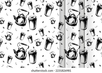 Set Coffee sketching seamless patterns. Vector set of stylish pastel backgrounds. Design for print, decor, package, polygraphy, papers