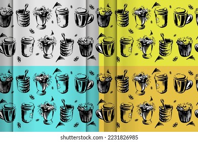 Set Coffee sketching seamless patterns. Vector set of stylish pastel backgrounds. Design for print, decor, package, polygraphy, papers
