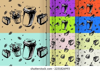 Set Coffee sketching seamless patterns. Vector set of stylish pastel backgrounds. Design for print, decor, package, polygraphy, papers