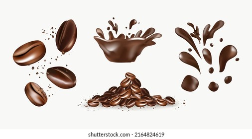 set of coffee. coffee splash, beans   isolated on white background