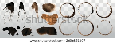 Set of coffee stains and splashes on transparent background. Includes various coffee rings and splatters. Perfect for design projects needing coffee-themed elements. Element vector set.