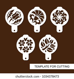 Set of coffee stencils. For drawing picture on cappuccino, macchiato and latte . Floral theme. Silhouettes of flowers and leaves. Template for laser cutting, paper cut  and wood carving. Vector.