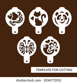 Set of coffee stencils. For drawing picture on cappuccino, macchiato and latte . Silhouettes of fish, cat, panda, butterfly and bird. Template for laser cutting, paper cut  and wood carving. Vector.