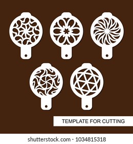 Set of coffee stencils. For drawing picture on cappuccino, macchiato and latte . Abstract geometric ornament. Template for laser cutting, paper cut  and wood carving. Vector illustration. 