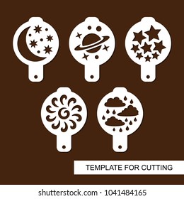 Set of coffee stencils. For drawing picture on cappuccino, macchiato and latte . Space themed. Silhouettes of stars, moon, saturn, sun, clouds, rain. Template for laser cutting. Vector.