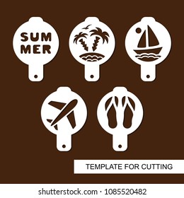 Set of coffee stencils. For drawing picture on cappuccino, macchiato and latte. Summer theme. Silhouettes of sailboat, palm trees,  airplane, beach, slippers. Template for laser cutting. Vector.