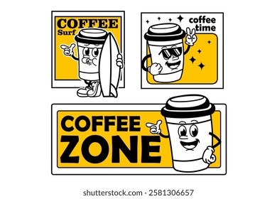 Set of coffee sticker vector design in cool yellow color. Trendy cute smile patch.