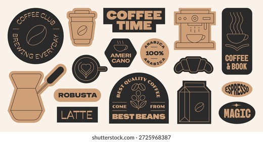 Conjunto de pegatinas de café Elementos colección. Espresso, americano, arabica, diseño de cafetera.