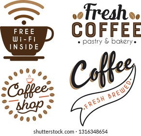 Set of coffee stickers, labels, badges for coffee shop. Fresh coffee, premium blends, fresh brewed, free wi-fi.