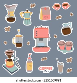 Set of coffee stickers. Coffee machine, pot, press, beans, cups. Cappuccino, espresso, latte, americano. Design perfect for cafe menu, restaurant posters, cards or banners. Vector illustration