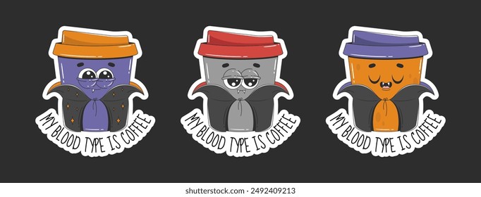 Conjunto de pegatinas de café en estilo moderno retro groovy. Mi tipo de sangre es café para impresión, Anuncio, diseño, póster. Ilustración vectorial de Halloween en estilo de dibujos animados de los años 60-70.