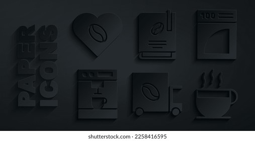 Set Coffee street truck machine, paper filter, cup, book and Lovers icon. Vector