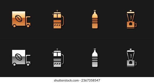 Set Coffee street truck machine, French press, Bottle water and Electric coffee grinder icon. Vector