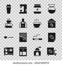 Set Coffee street truck machine, poster, Bag coffee beans, jar bottle, Barista, cup and book, Milkshake and  icon. Vector