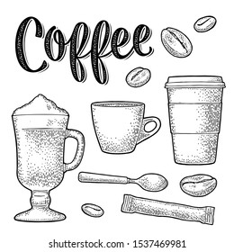 Set coffee. Sugar, beans, spoon, glass latte macchiato with whipped cream. Vintage black vector engraving illustration isolated on white background