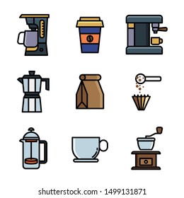 Set of coffee supplies color linear icon.