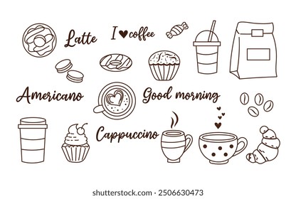 Set of coffee and sweets doodles. Cup and bakery. Muffin, croissant, cupcake, cake, latte, americano, cappuccino, coffee beans, macarons, donuts. I love coffee, lettering. Vector illustration, outline