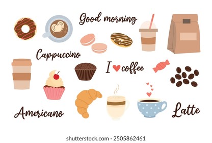 Set of coffee and sweets. Paper cups, cup and bakery. Muffin, croissant, cupcake, cake, latte, americano, cappuccino, coffee beans, macarons, donuts. I love coffee, lettering. Flat vector illustration