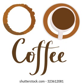 A set of coffee symbols for design: a coffee stain, a cup of coffee and the word 'coffee' in modern calligraphy script, scalable vector graphic