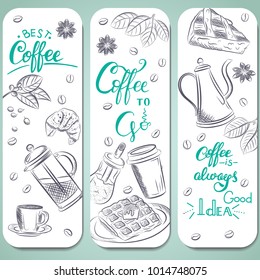 Set of coffee symbols lettering drawing in vintage style. Vector card design with hand drawn coffee and dessert illustration. Decorative background with vintage coffee sketch for restaurant or cafe me