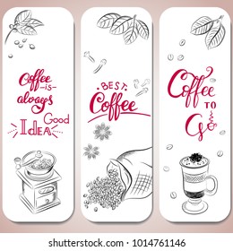 Set of coffee symbols lettering drawing in vintage style. Vector card design with hand drawn coffee and dessert illustration. Decorative background with vintage coffee sketch for restaurant or cafe me