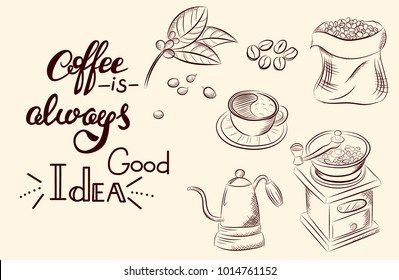 Set of coffee symbols lettering drawing in vintage style. Vector card design with hand drawn coffee and dessert illustration. Decorative background with vintage coffee sketch for restaurant or cafe me