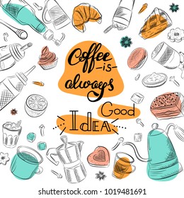 Set of coffee symbols lettering drawing in vintage style. Vector card design with hand drawn coffee and dessert illustration. Decorative background with coffee sketch for restaurant or cafe menu