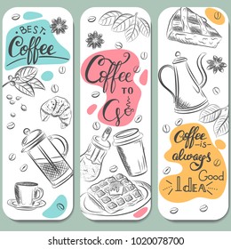 Set of coffee symbols lettering drawing in vintage style. Vector card design with hand drawn coffee and dessert illustration. Decorative background with coffee sketch for restaurant or cafe menu.