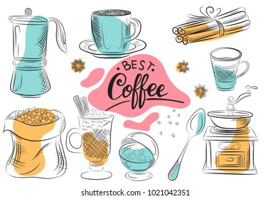 Set of coffee symbols lettering drawing in vintage style. Vector card design with hand drawn coffee and dessert illustration. Decorative background with coffee sketch for restaurant or cafe menu