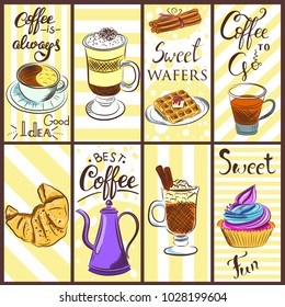 Set of coffee symbols lettering drawing in vintage style. Vector card design with hand drawn coffee and dessert illustration. Decorative background with coffee sketch for restaurant or cafe menu