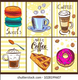 Set of coffee symbols lettering drawing in vintage style. Vector card design with hand drawn coffee and dessert illustration. Decorative background with coffee sketch for restaurant or cafe menu