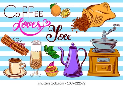 Set of coffee symbols lettering drawing in vintage style. Vector card design with hand drawn coffee and dessert illustration. Decorative background with coffee sketch for restaurant or cafe menu