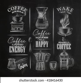 Set of coffee symbols lettering drawing chalk in vintage style on chalkboard