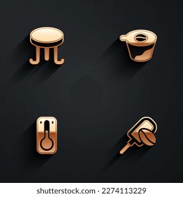 Set Coffee table, Pour over coffee maker, thermometer and Spatula with grain icon with long shadow. Vector